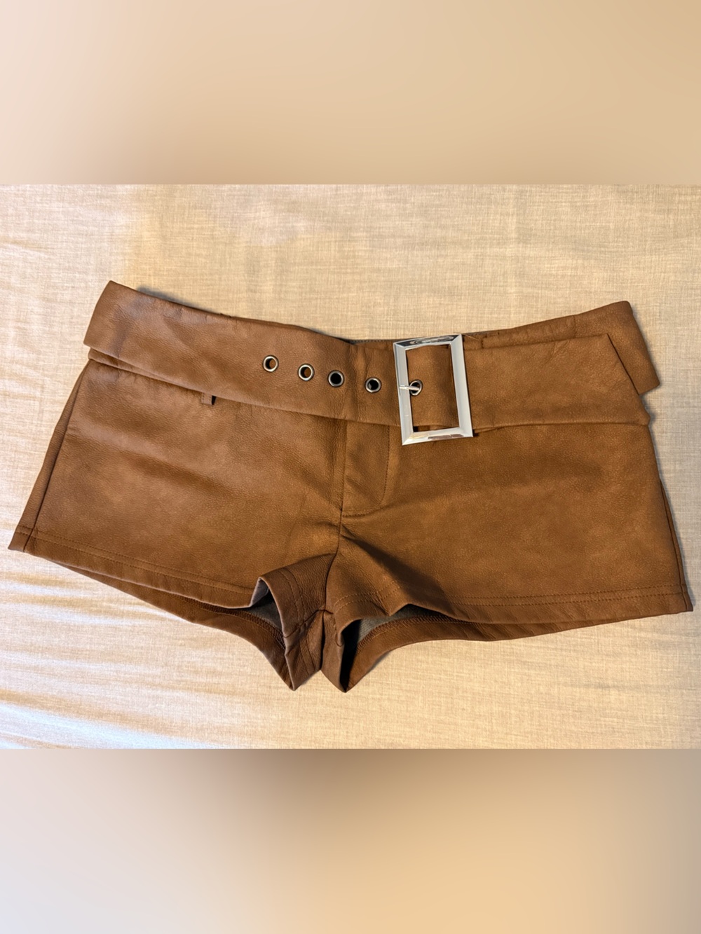 Brown Distressed Mini Shorts with Silver Buckle